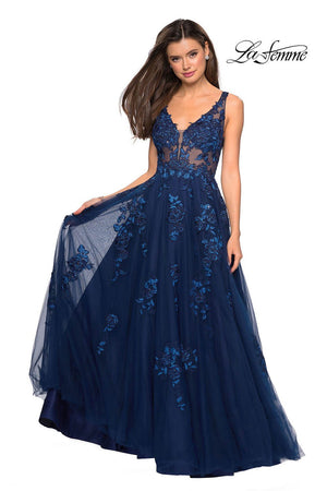 Gigi by La Femme 27647 dress images in these colors: Navy, Nude.
