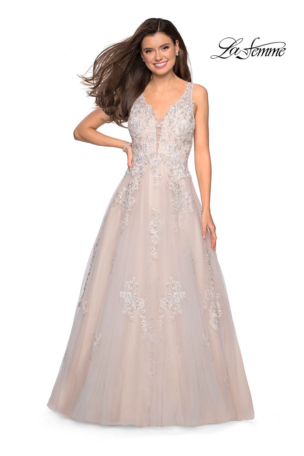 Gigi by La Femme 27727 dress images in these colors: Ivory Nude, Periwinkle.