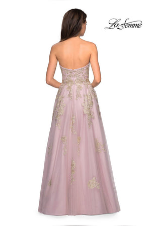Gigi by La Femme 27731 dress images in these colors: Dusty Pink, Platinum.