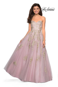 Gigi by La Femme 27731 dress images in these colors: Dusty Pink, Platinum.
