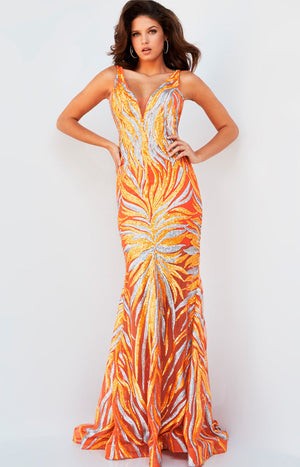 Jovani 06153 Orange Silver prom dress images.  Jovani style 06153 is available in these colors: Light Blue Silver, Navy Silver, Orange Silver.