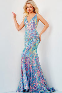 Jovani 08099 prom dress images.  Jovani 08099 is available in these colors: Iridescent Blue,White Multi.