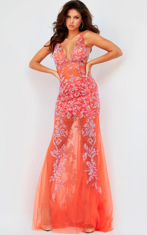 Jovani 08275 Tangerine prom dress images.  Jovani style 08275 is available in these colors: Light Blue, Tangerine.