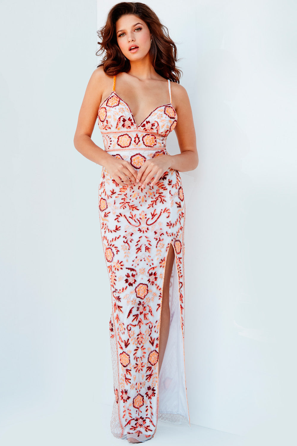 Jovani 08546 White Orange prom dress images.  Jovani style 08546 is available in these colors: Nude Pink, White Orange.