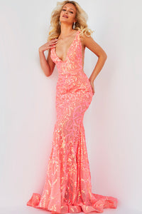 Jovani 22811 prom dress images.  Jovani 22811 is available in these colors: Iridescent Coral, Iridescent Green, Iridescent Hot Pink.