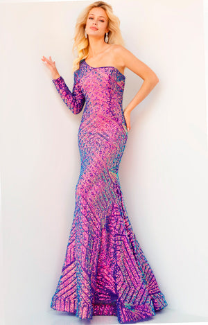 Jovani 24098 Purple prom dress images.  Jovani style 24098 is available in these colors: Emerald, Iridescent Blue, Neon Hotpink, Peacock, Iridescent Violet.