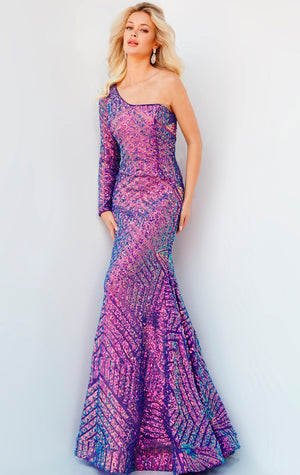 Jovani 24098 Purple prom dress images.  Jovani style 24098 is available in these colors: Emerald, Iridescent Blue, Neon Hotpink, Peacock, Iridescent Violet.