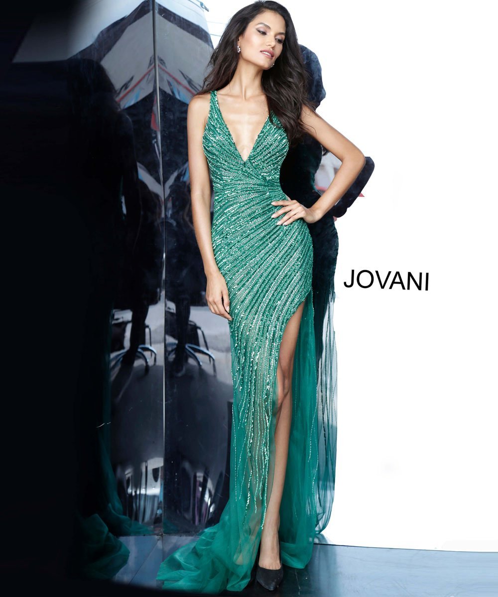 Jovani 63405 dress images in these colors: Emerald, Gold Silver, Platinum.