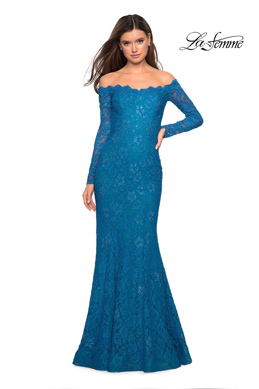 La Femme 26393 dress images in these colors: Black, Dark Turquoise, White.
