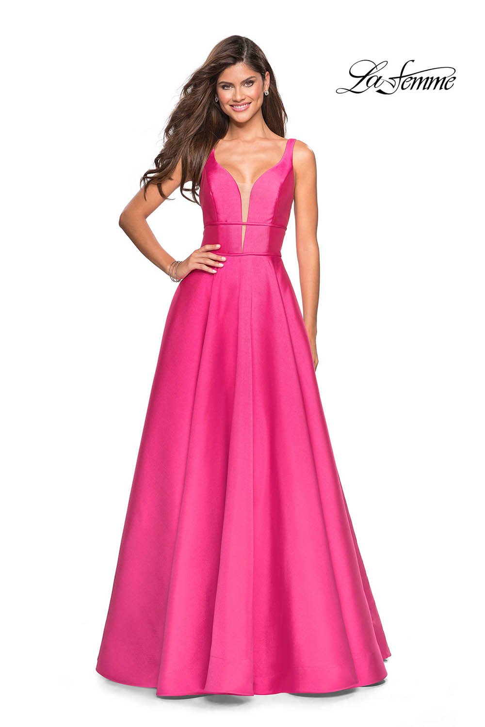 La Femme 26768 dress images in these colors: Bright Pink, Emerald, Pale Yellow, Sapphire Blue.