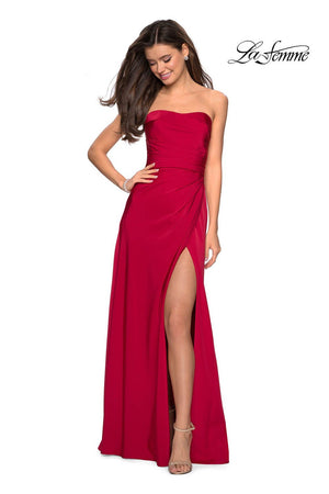 La Femme 26794 dress images in these colors: Blush, Burgundy, Sapphire Blue, Silver.