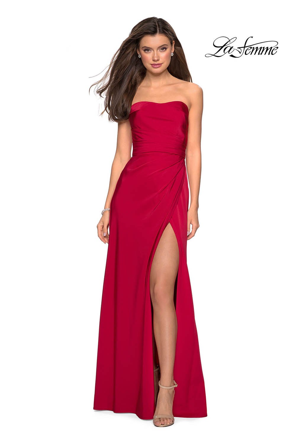 La Femme 26794 dress images in these colors: Blush, Burgundy, Sapphire Blue, Silver.