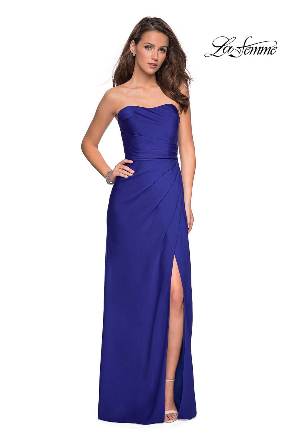 La Femme 26794 dress images in these colors: Blush, Burgundy, Sapphire Blue, Silver.