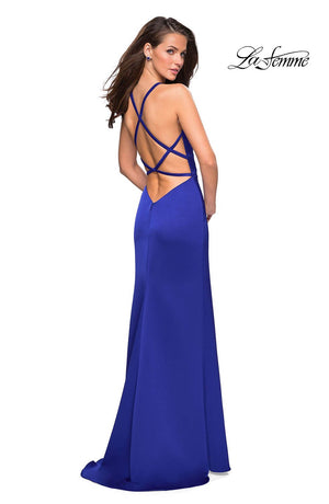 La Femme 26946 dress images in these colors: Burgundy, Electric Blue, White.