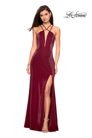 La Femme 26963 dress images in these colors: Burgundy, Forest Green, Navy.