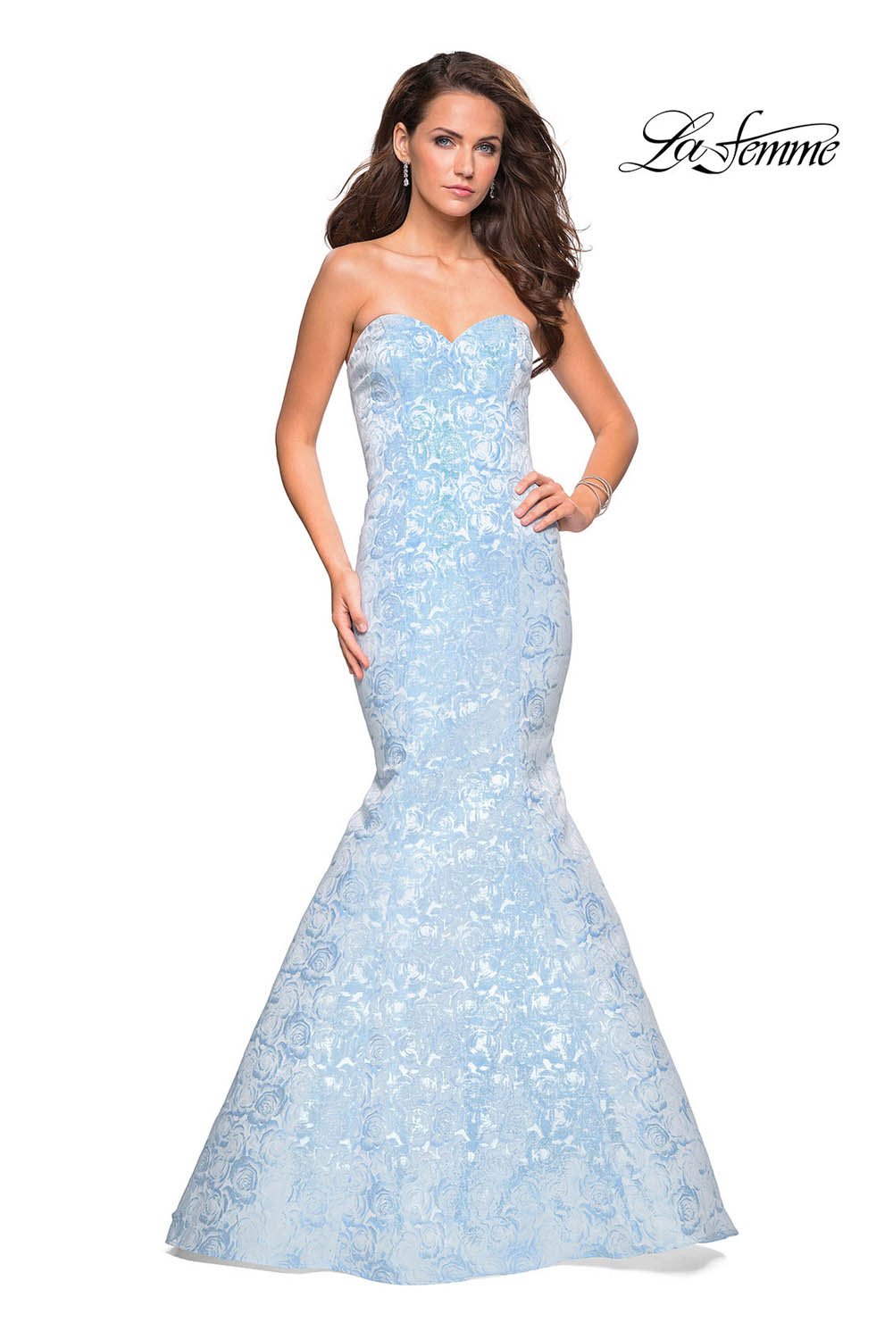 La Femme 26975 dress images in these colors: Black Silver, Light Blue, Light Pink, Yellow.