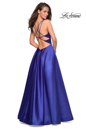 La Femme 26994 dress images in these colors: Blush, Dark Berry, Deep Red, Lavender Gray, Navy, Sapphire Blue.