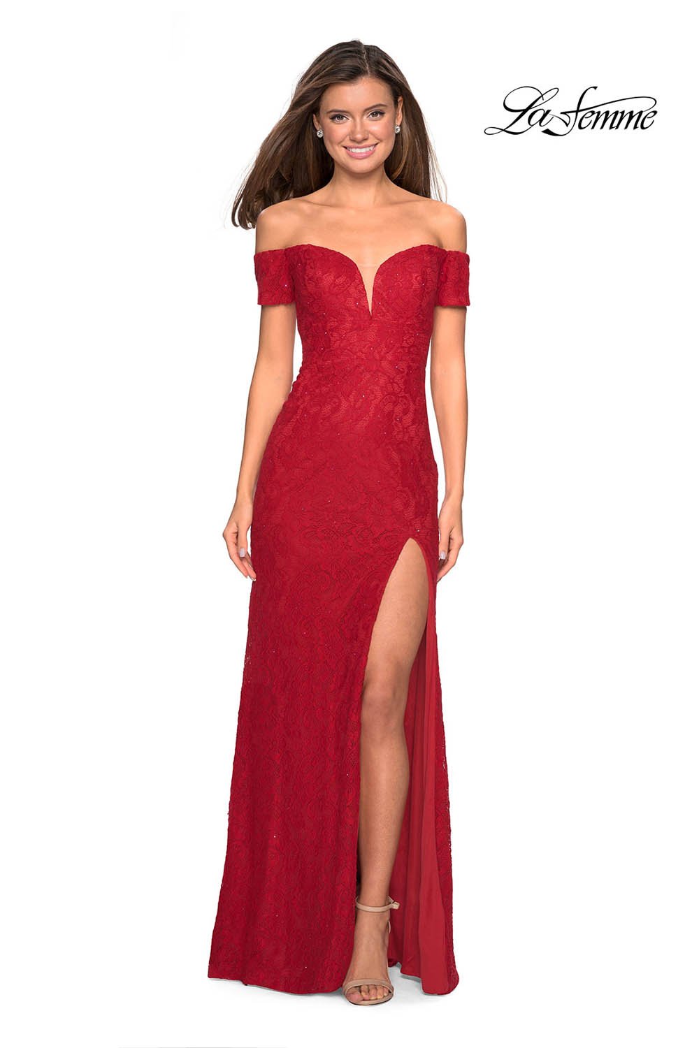 La Femme 26998 dress images in these colors: Deep Red, Navy, Periwinkle.