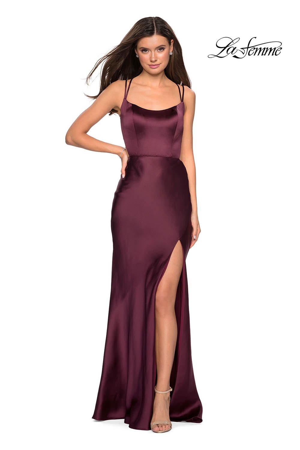 La Femme 27010 dress images in these colors: Blush, Navy, Wine.