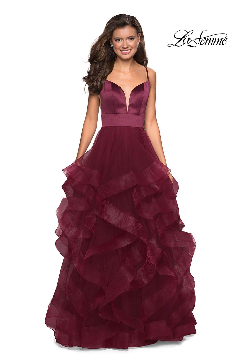 La Femme 27024 dress images in these colors: Black, Burgundy, Lavender, Light Pink, White.