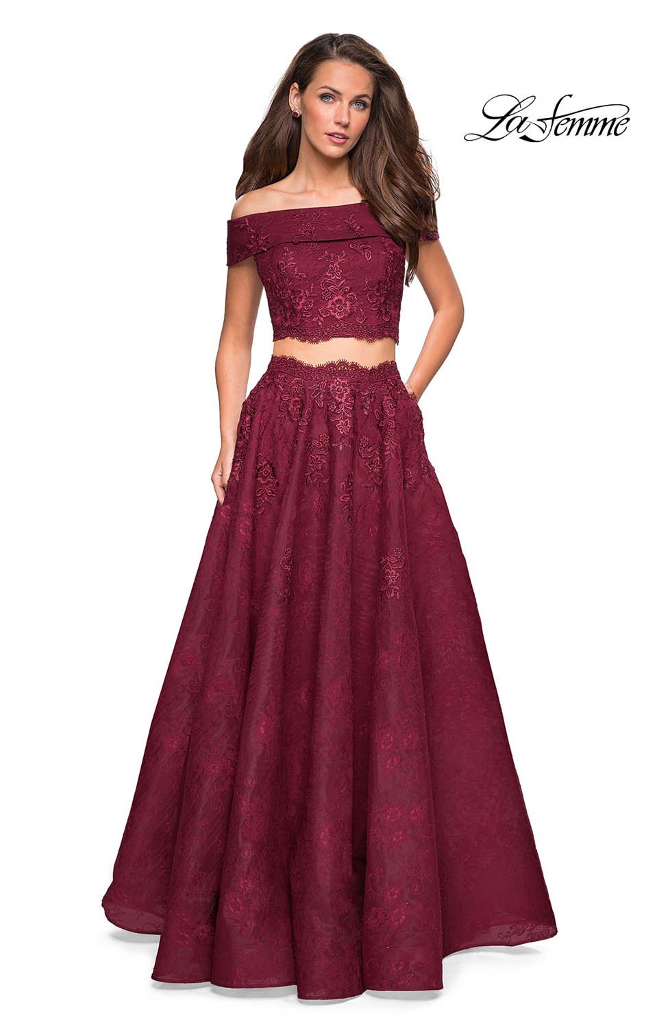 La Femme 27028 dress images in these colors: Burgundy, Navy, White Nude.