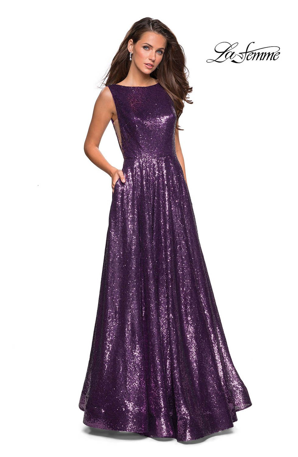 La Femme 27061 dress images in these colors: Light Purple, Navy, Rose Gold.