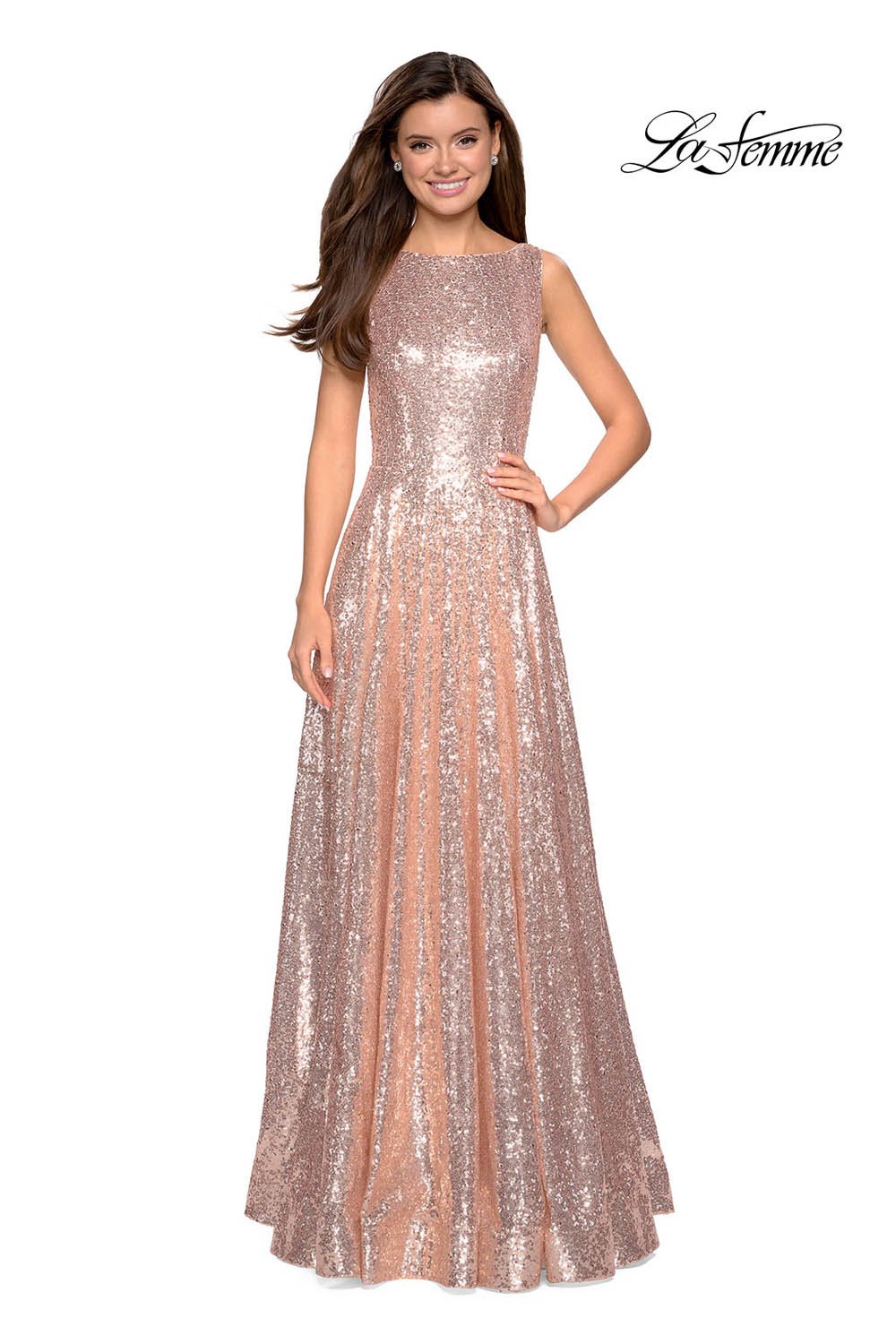 La Femme 27061 dress images in these colors: Light Purple, Navy, Rose Gold.