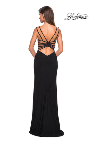 La Femme 27072 dress images in these colors: Black, Dark Berry, Royal Blue, White.