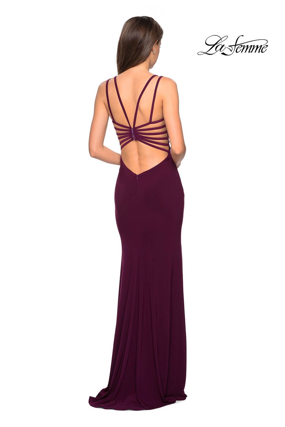 La Femme 27072 dress images in these colors: Black, Dark Berry, Royal Blue, White.