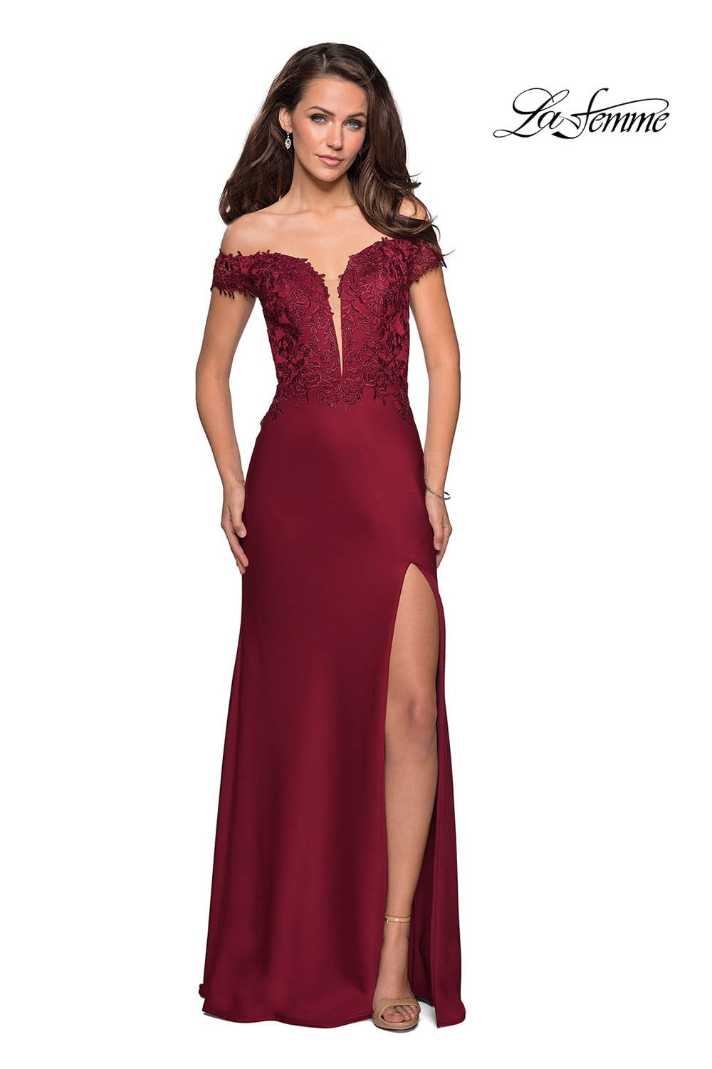 La Femme 27097 dress images in these colors: Black, Hunter Green, Wine.