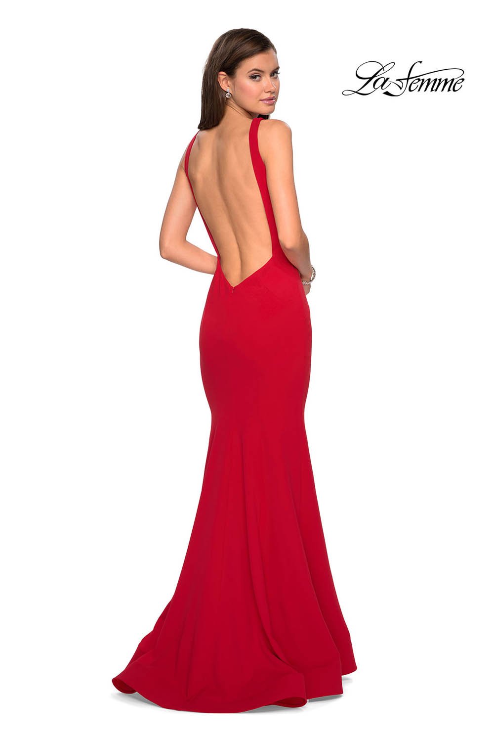 La Femme 27124 dress images in these colors: Black, Red, Sapphire Blue, White.