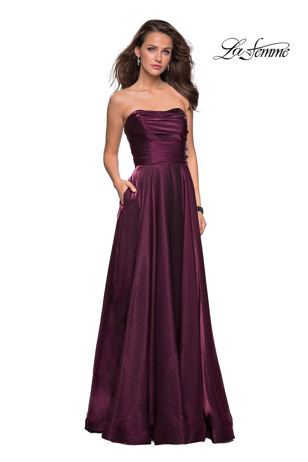 La Femme 27130 dress images in these colors: Cloud Blue, Dark Berry, Lavender, Teal.