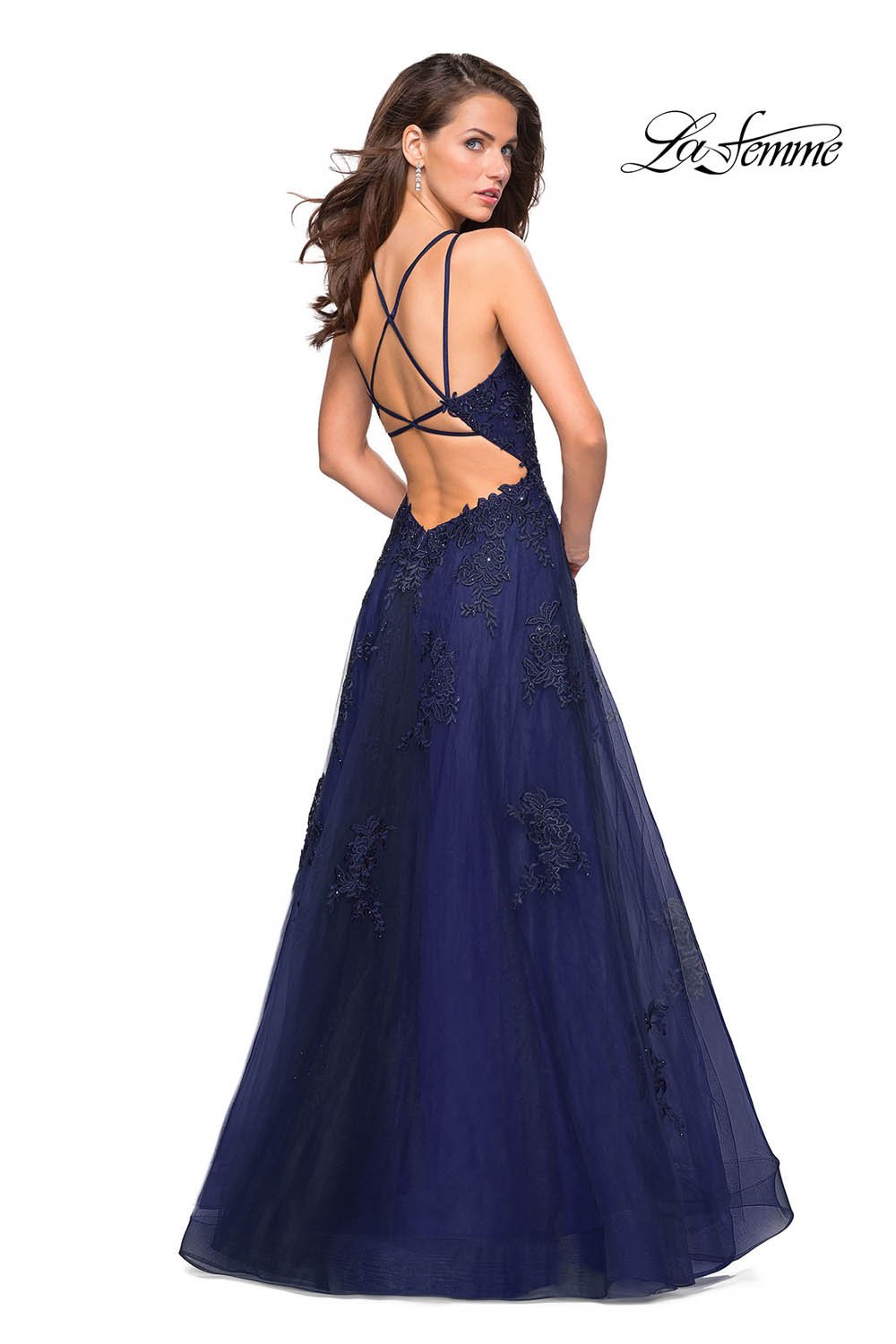 La Femme 27143 dress images in these colors: Dark Berry, Navy, Platinum.