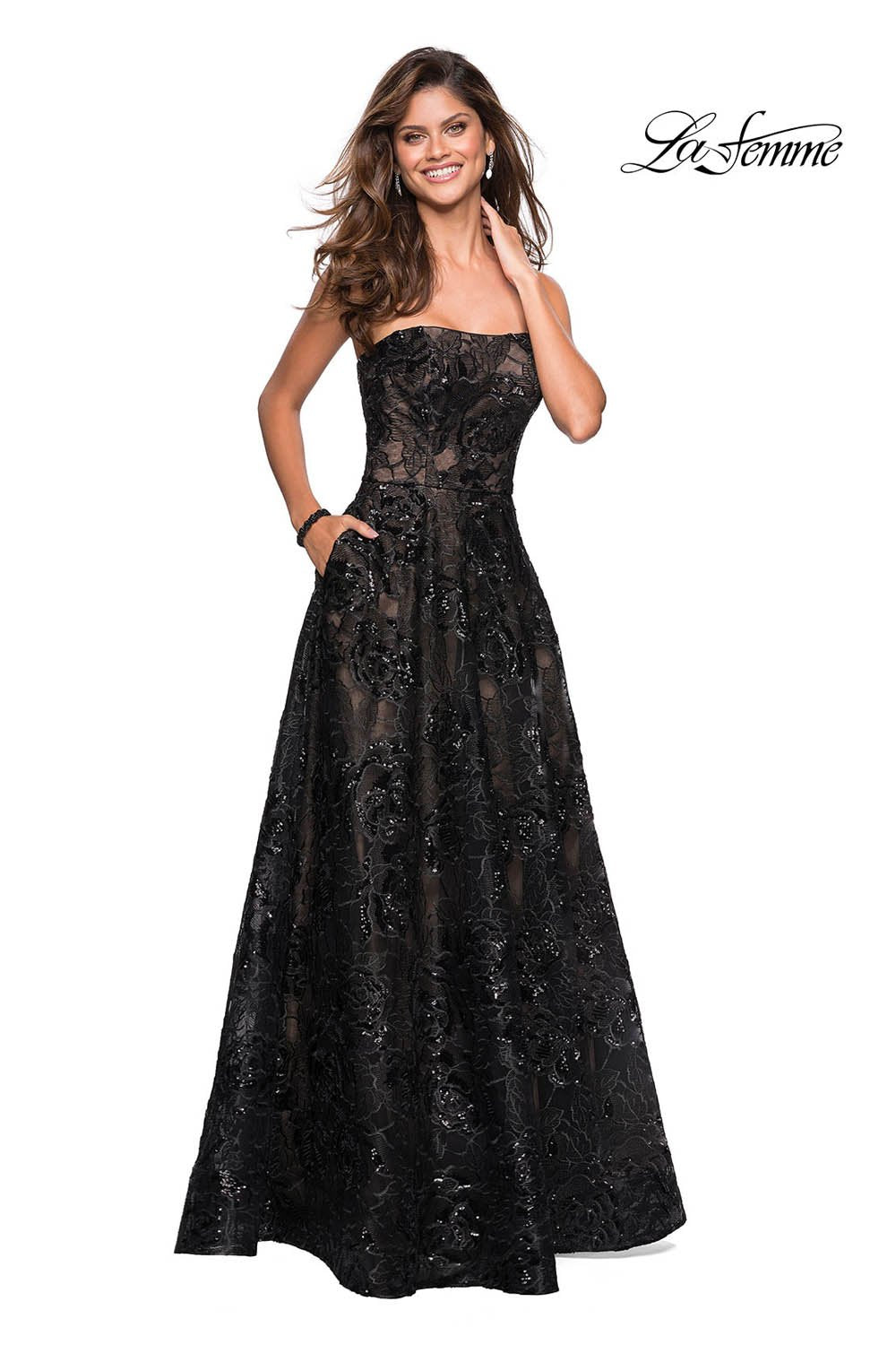 La Femme 27164 dress images in these colors: Black Nude.