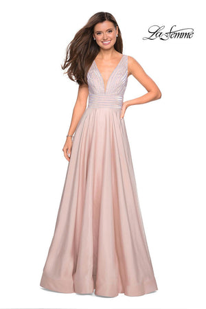 La Femme 27205 dress images in these colors: Blush, Burgundy, Navy, Platinum.