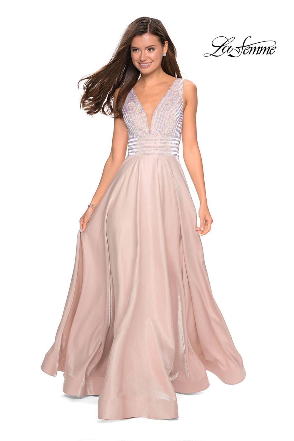 La Femme 27205 dress images in these colors: Blush, Burgundy, Navy, Platinum.