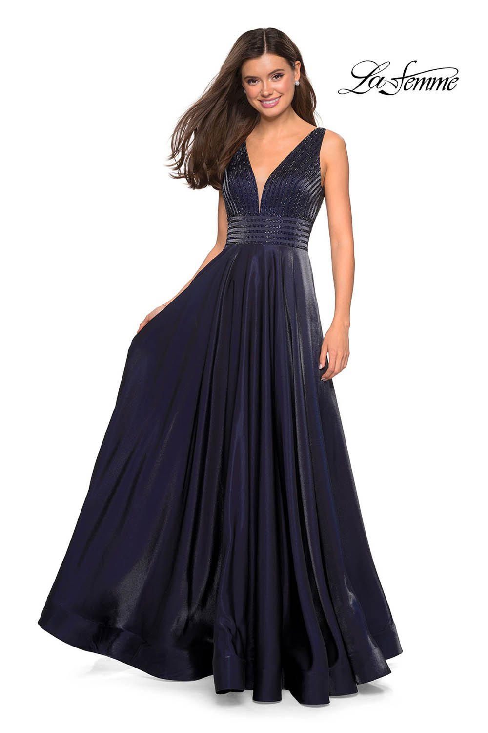La Femme 27205 dress images in these colors: Blush, Burgundy, Navy, Platinum.