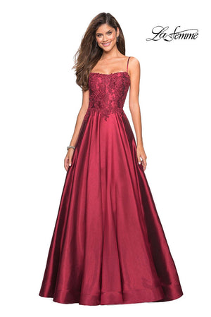 La Femme 27222 dress images in these colors: Burgundy, Hot Pink, Royal Blue, Teal.