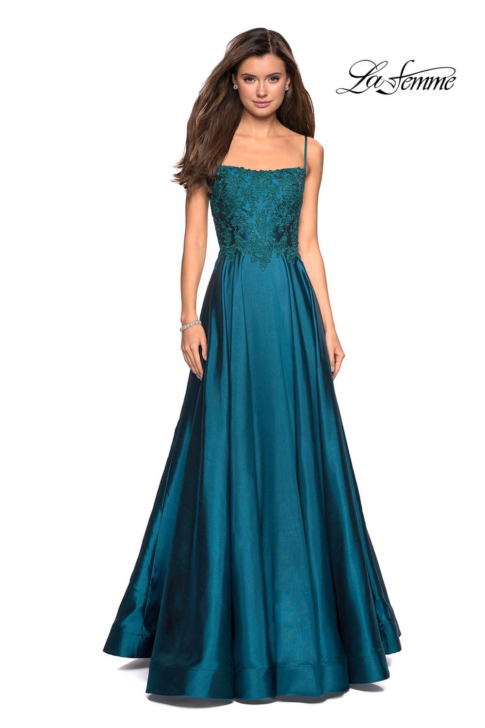 La Femme 27222 dress images in these colors: Burgundy, Hot Pink, Royal Blue, Teal.