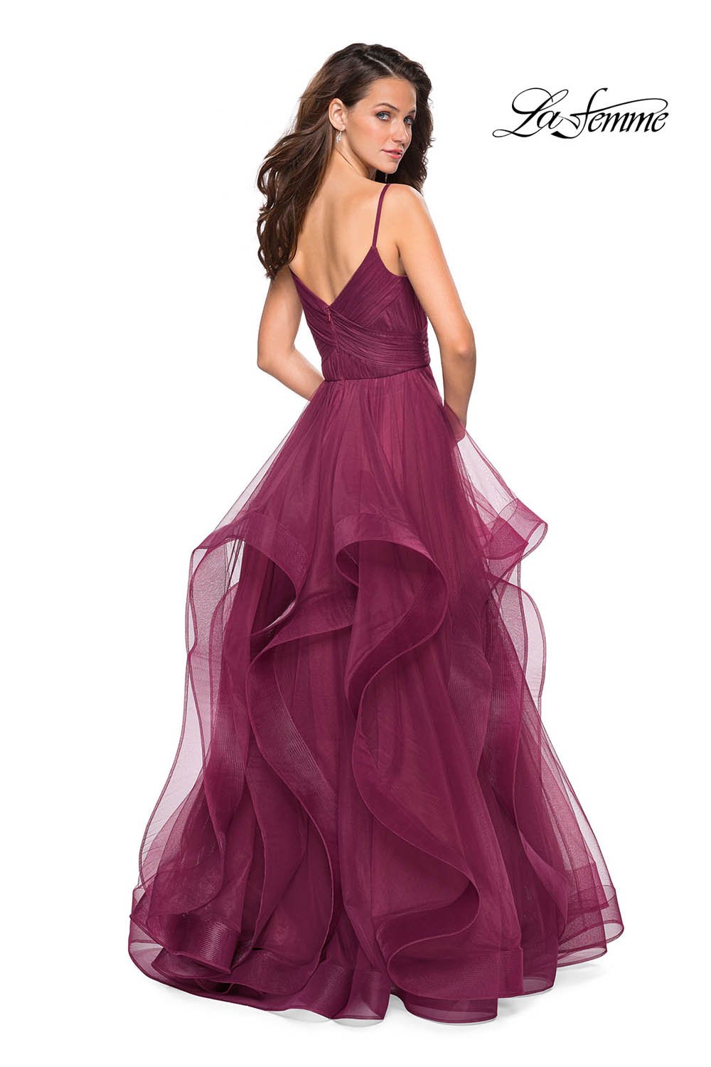 La Femme 27223 dress images in these colors: Blush, Dark Berry, Navy.