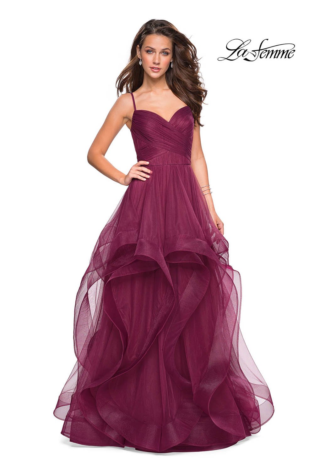 La Femme 27223 dress images in these colors: Blush, Dark Berry, Navy.