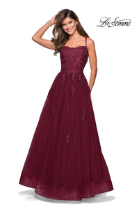 La Femme 27441 dress images in these colors: Burgundy, Navy, Pale Yellow, Silver.