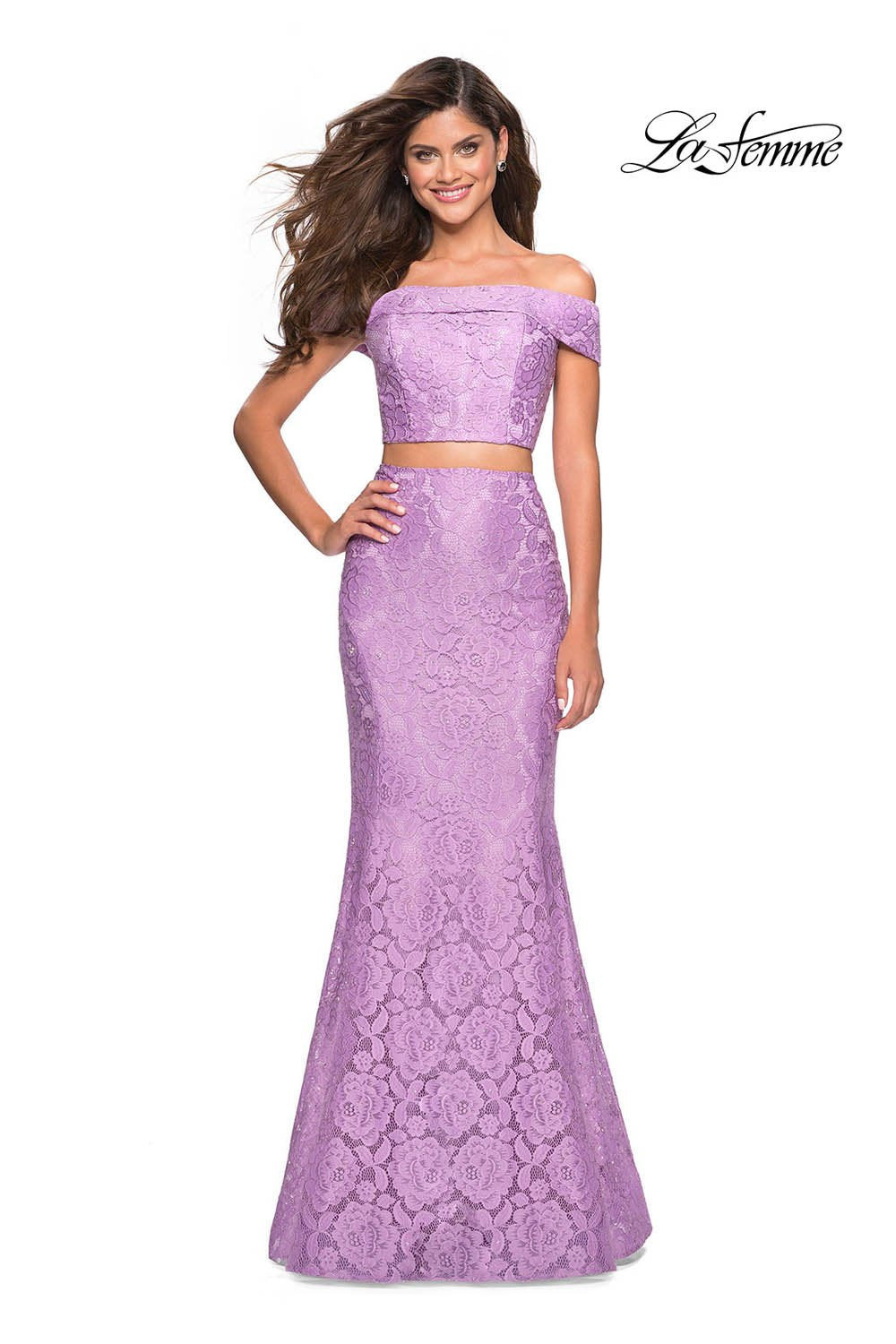 La Femme 27443 dress images in these colors: Electric Blue, Hot Fuchsia, Lavender, Red, White, Yellow.