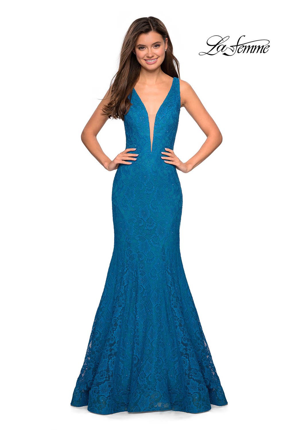 La Femme 27464 dress images in these colors: Dark Berry, Dark Turquoise, Electric Blue, Navy.
