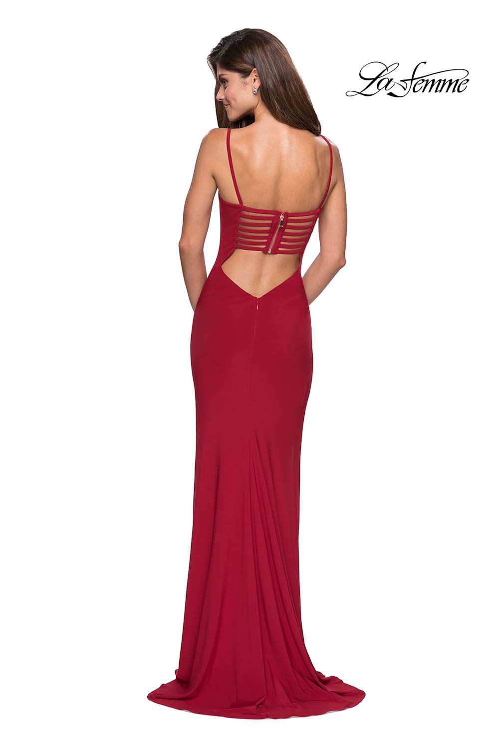 La Femme 27469 dress images in these colors: Black, Deep Red, Royal Blue.