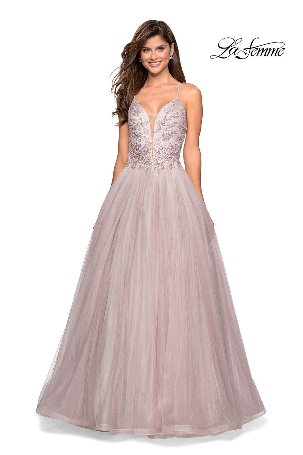 La Femme 27475 dress images in these colors: Cloud Blue Silver, Dusty Mauve.