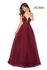 La Femme 27485 dress images in these colors: Black, Blush, Burgundy, Navy.