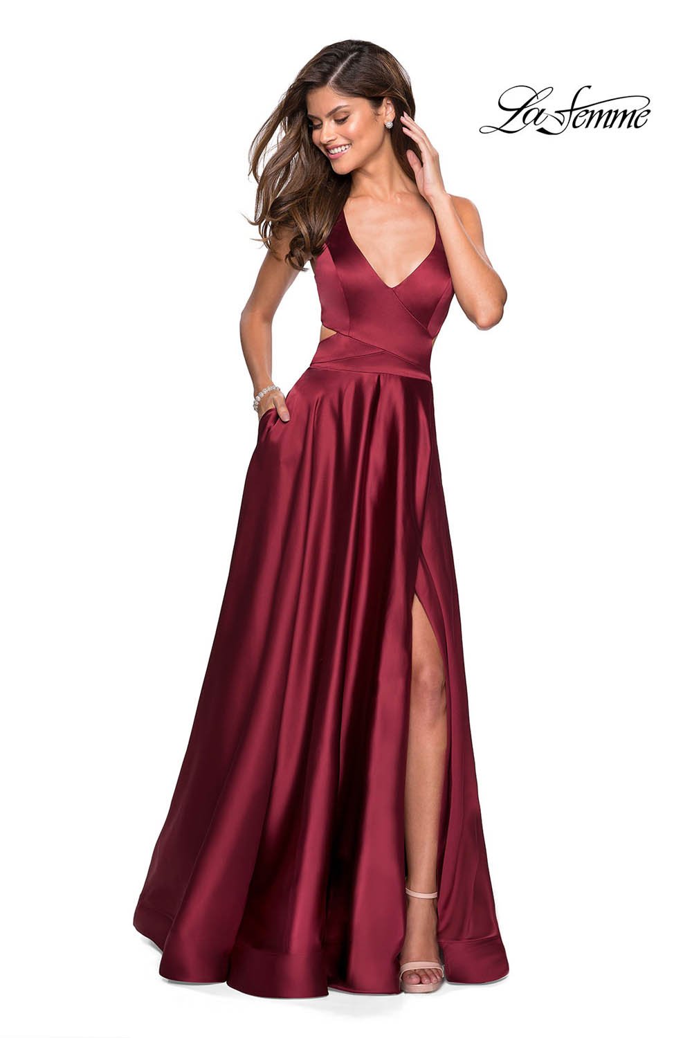 La Femme 27487 dress images in these colors: Deep Red, Navy.