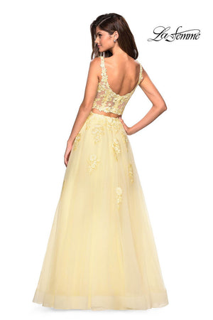 La Femme 27489 dress images in these colors: Blush, Dusty Blue, Pale Yellow, Periwinkle.