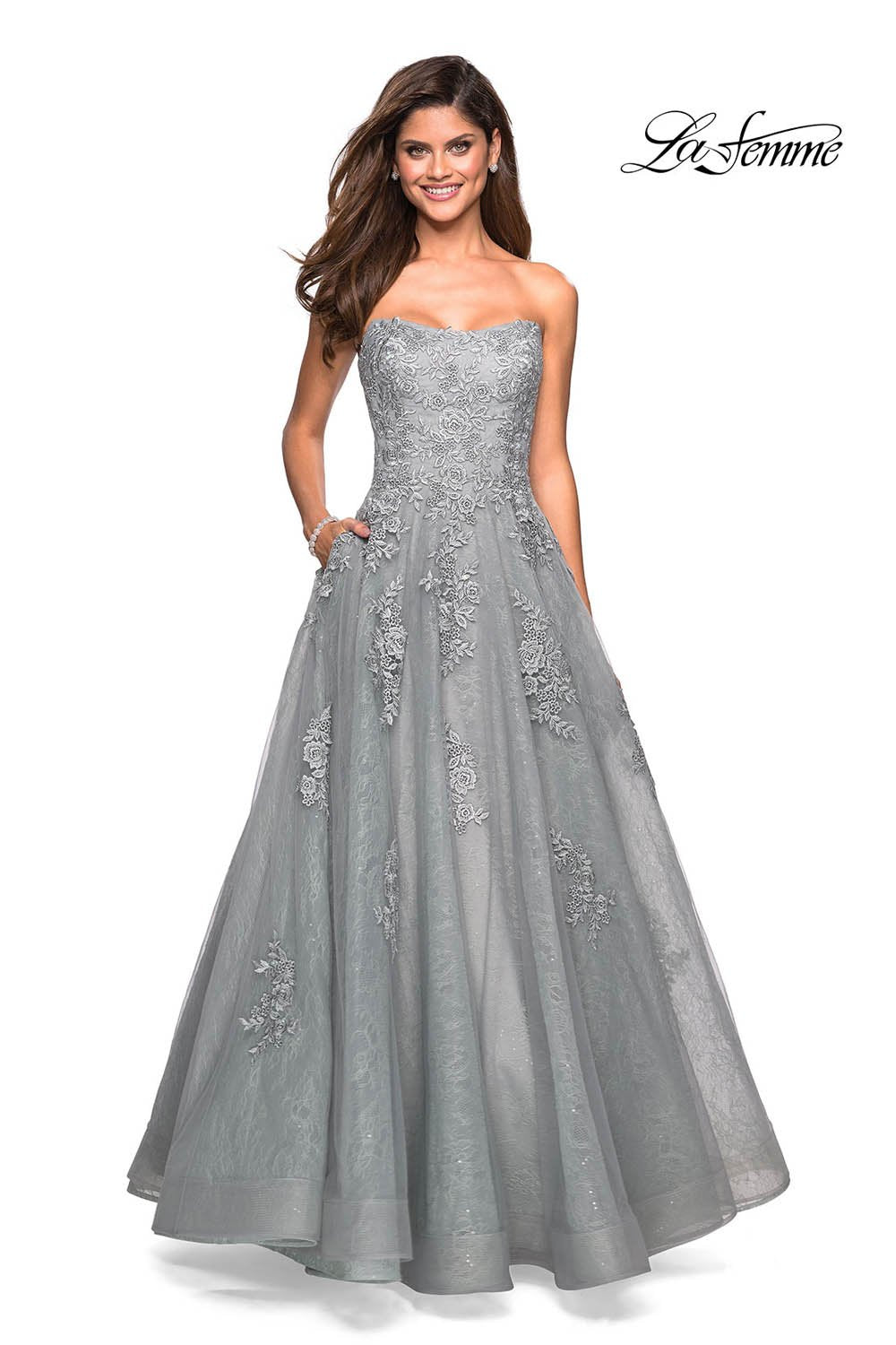 La Femme 27493 dress images in these colors: Aquamarine, Mauve, Silver.